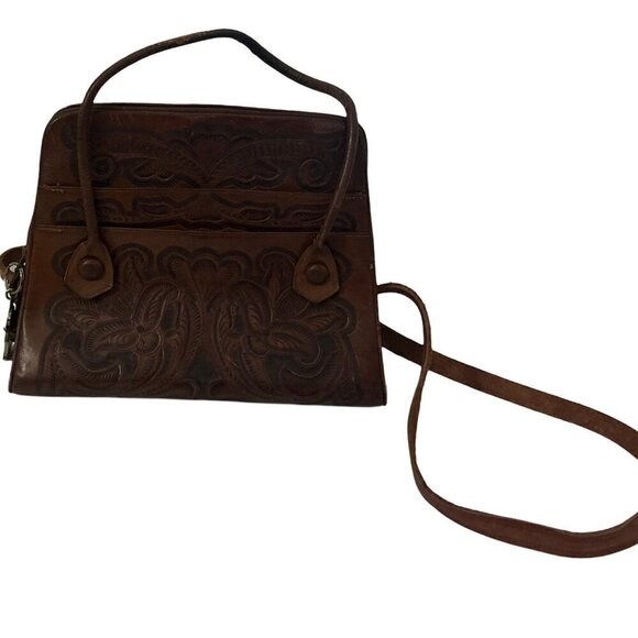 Rare Western Vintage1970 Mexican Tooled Brown Leather Shoulder Bag Tote … - Picture 4 of 11